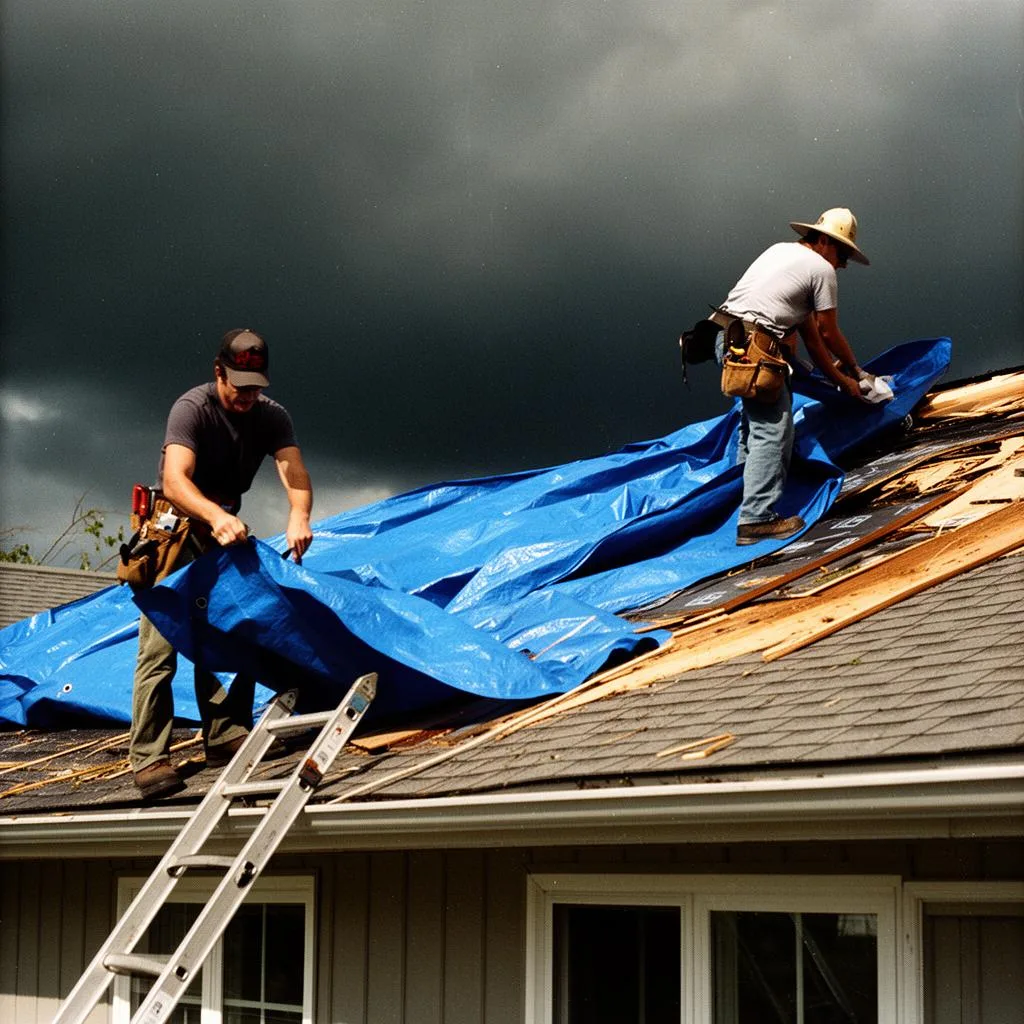 Emergency roof tarp after a Garland storm