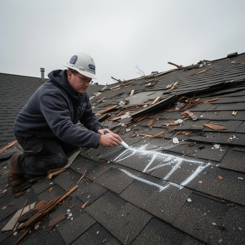 Hail and storm damage on a North Texas roof